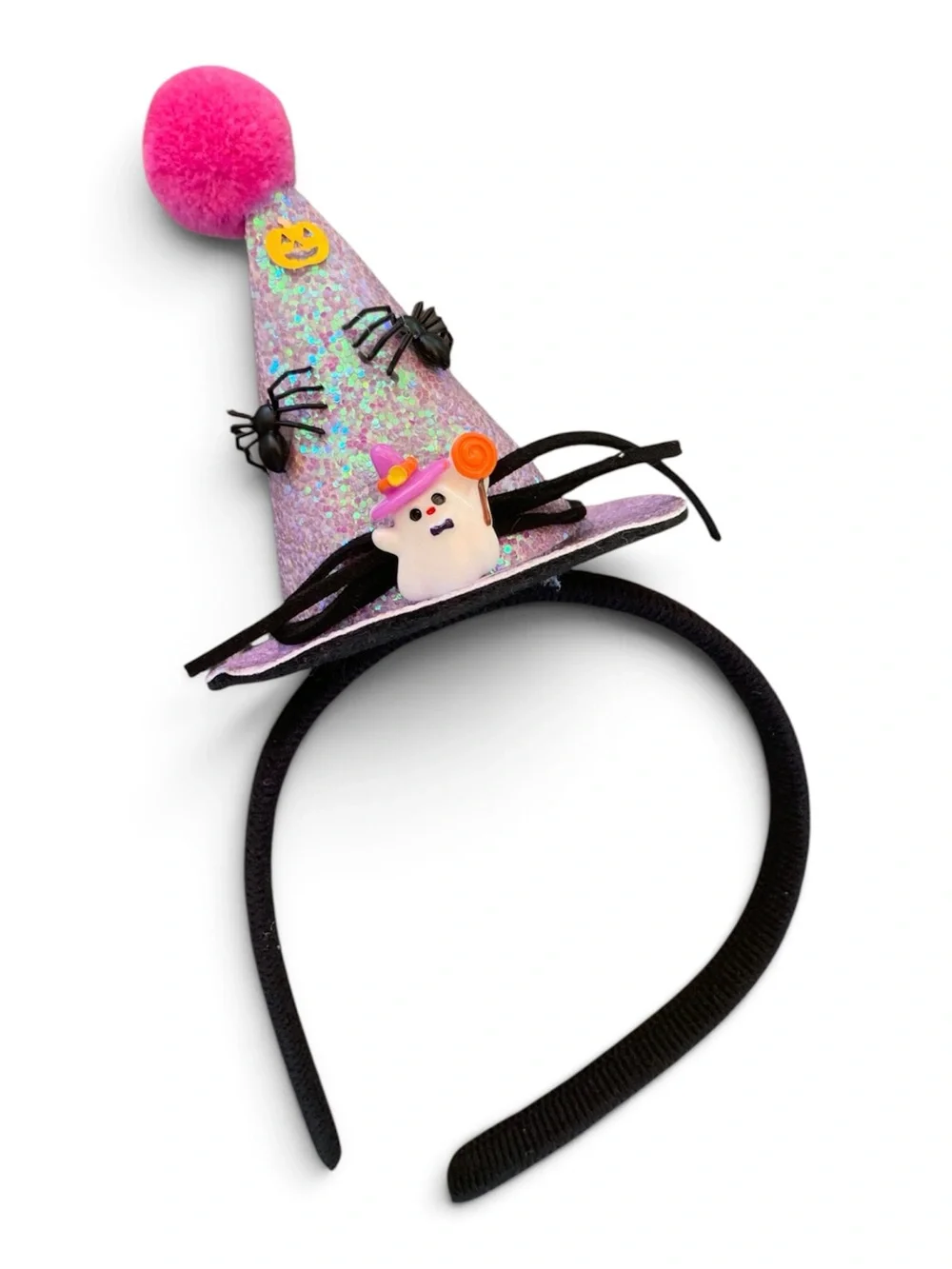 Halloween Kids HairAccessories Pink Glitter Witch Hat Headband Pom-pom Spider
